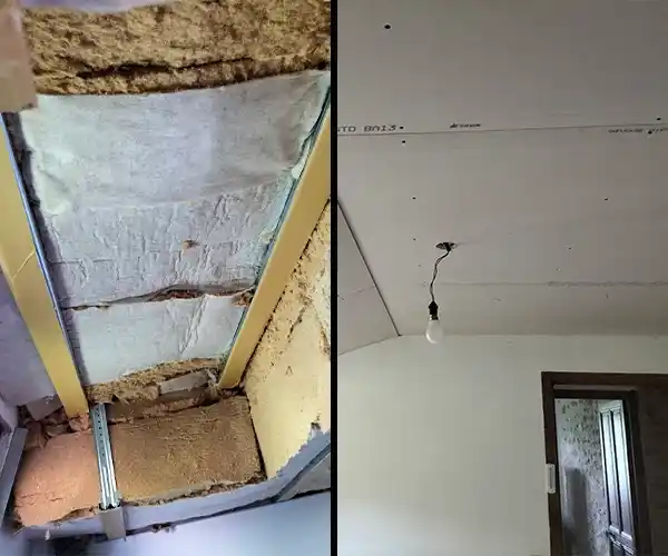 Mur en cours d’isolation avec des panneaux en laine et film pare-vapeur, avant la pose finale des finitions.