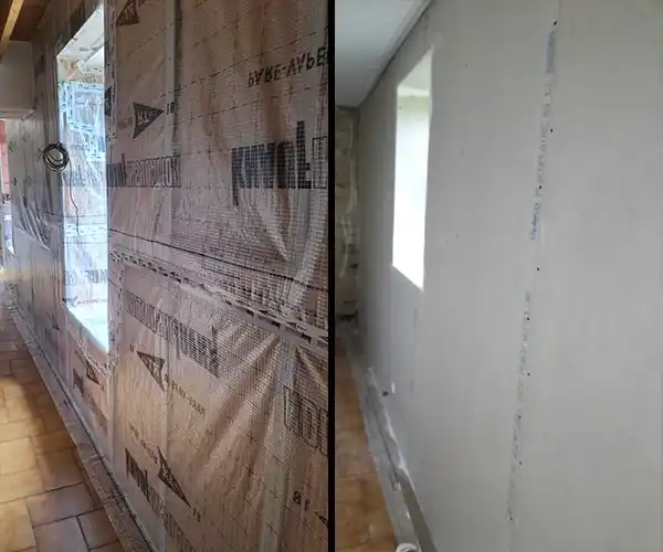 "Mur avec pare-vapeur et isolation posée, comparé à un mur finalisé avec plaques de plâtre prêtes pour la peinture.