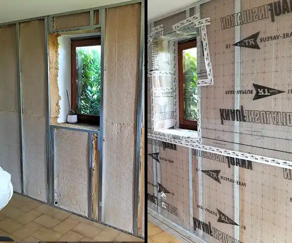 Fenêtre avant et après l’installation d’une isolation complète, montrant les étapes du processus de rénovation énergétique.